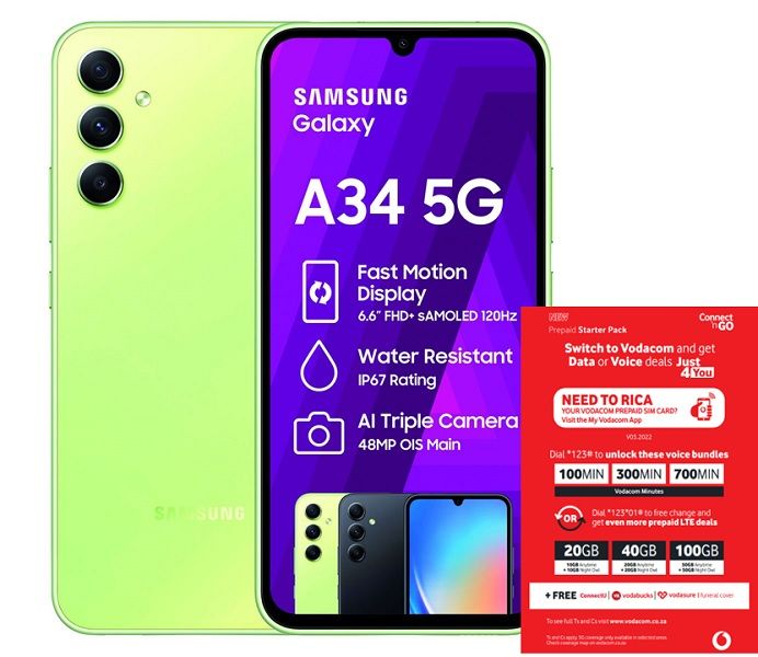 Samsung Galaxy A34 5G 128GB Dual Sim - Light Green + Vodacom Sim Card Pack