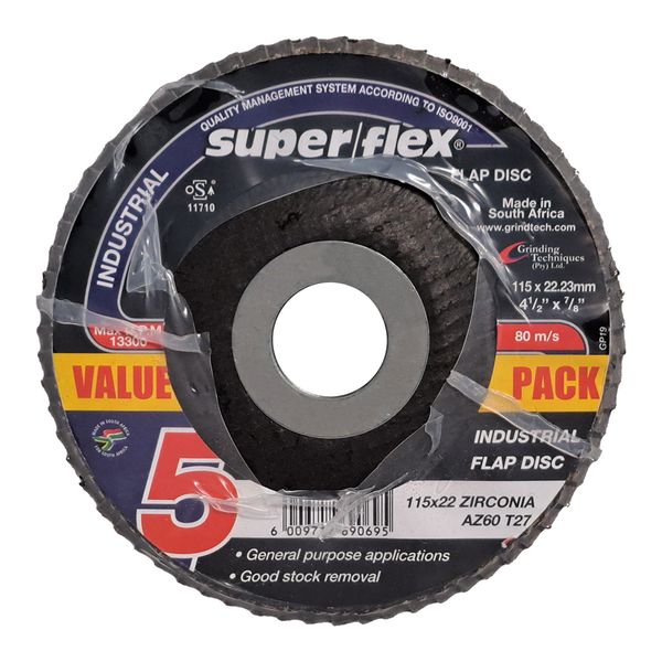 SUPERFLEX INDUSTRIAL FLAP DISC - 115 X 22.23mm AZ60 5PACK