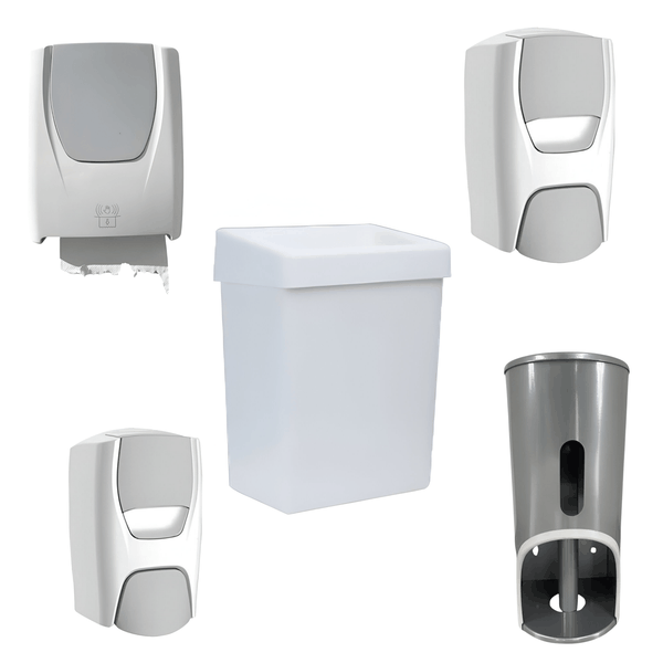 Men's Washroom Combo - Bin, Soap Dispenser, Seat Cleaner, TR2 Satin