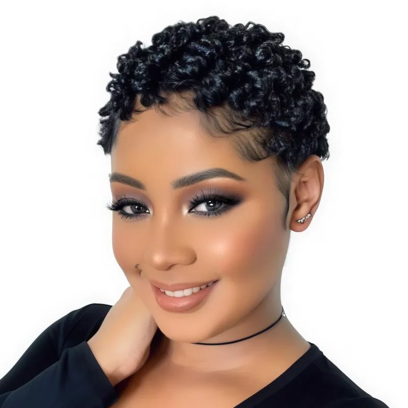 Geebuy Pixie Cut Afro Kinky Curly Wig Machine Made Human Hair For Women
