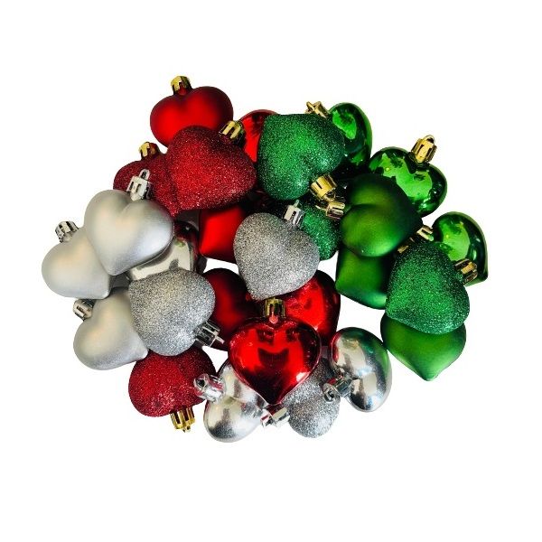 Christmas Tree Baubles - Hearts Shaped (54 Piece) 4cm Silver, Green &amp; Red