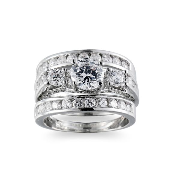 3 Piece Sterling Silver Multi Row Bridal Cubic Zirconia Ring Set