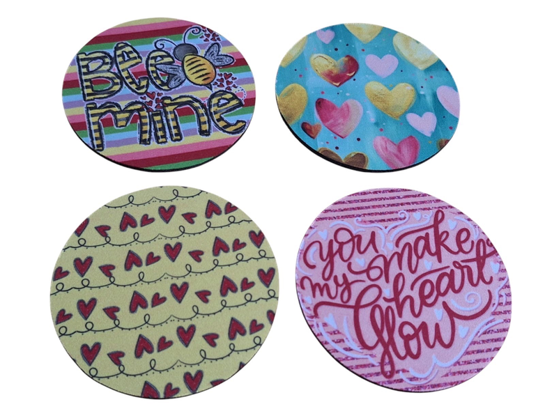 4-Piece Coaster Set with Rubber Backing - Heart Glow, Bee Mine &amp; Hearts