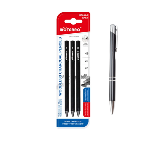 Set of 3 Woodless Charcoal Diffrent Styles Sketching Pencils with Added Pen