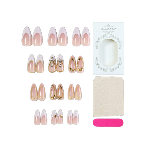 12 Pairs Almond-shaped Press on Nails White French Tip Golden Fake Nail Kit