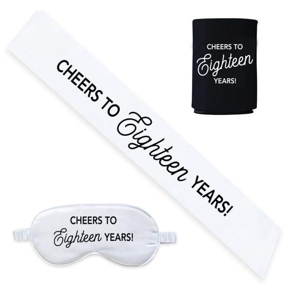 White Cheers To 18 Years 18th Birthday Sash, Bottle Koozie and Satin Eyemask