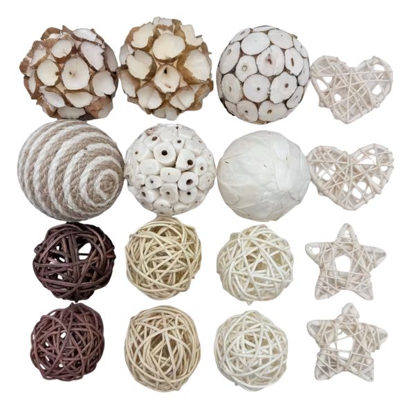 Decor Handcrafted Wicker Balls, Star &amp; Heart Shaped Decorative Orbs 16pc