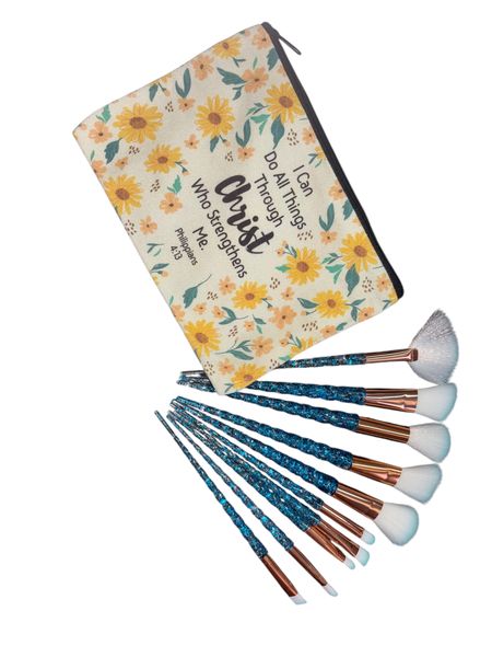 Inspirational Bible Verse, Makeup Bag with 10 x Makeup Brushes