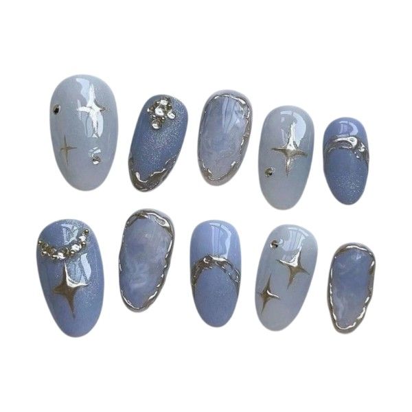 10 Piece Press On Nails Set With Marble Designs &amp; 3D Art - Grey Blue