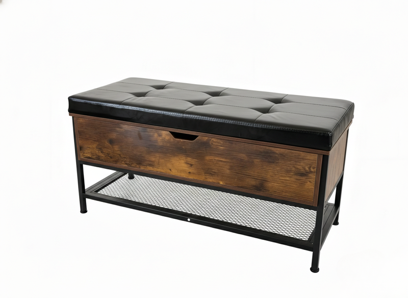 Shoe Storage Bench with Cushion &amp; Metal Shelf - Brown