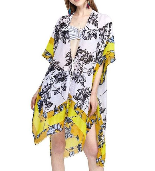 Ladies Satin Silk Kaftan with Floral Leaves - Yellow/White