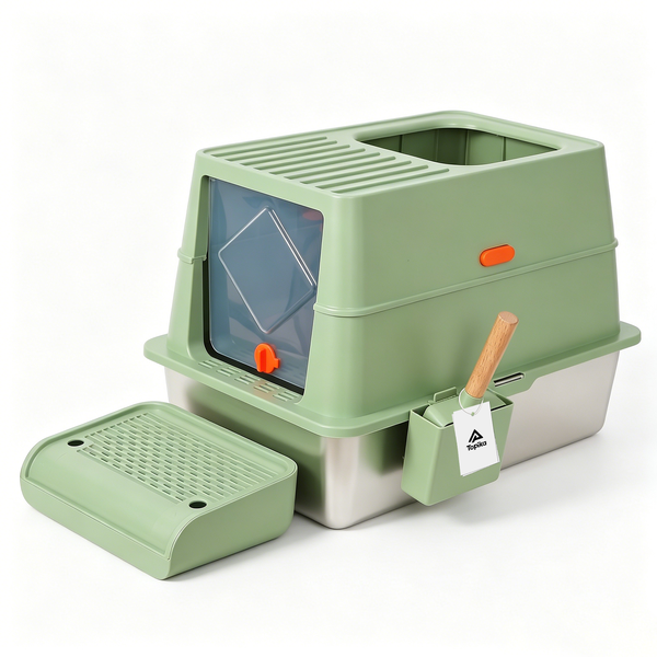 Topika Litter Box Stainless Steel Enclosed Cat Litter Box with Step, Grey