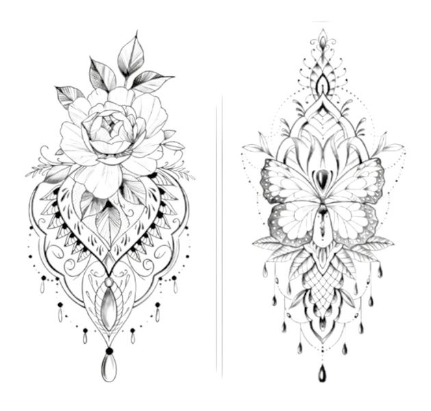2 Piece - Floral Rose And Butterfly Mandala Temporary Tattoo - Black