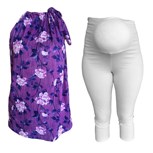 Pillowcase shirt &amp; Tights combo - Purple Floral &amp; White Capri Tights