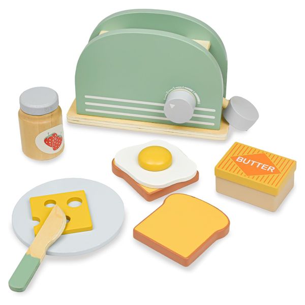 Pretend Play Kitchen Toys Wooden Kids Toaster Playset with Bread Egg &amp; Jam