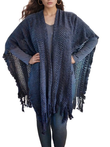 Navy Knit Fringe Poncho image