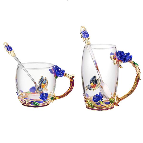2 Pack Enamel Butterfly Flower Glass Coffee Mug with Spoon Set