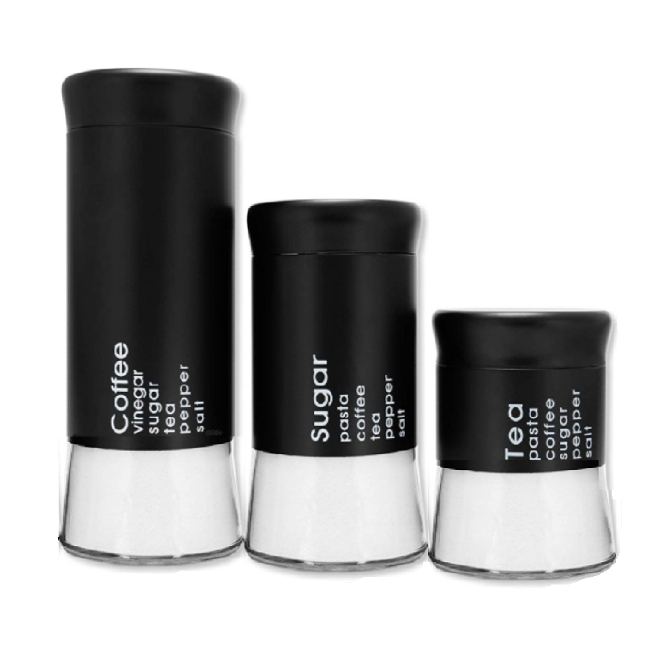 Set of 3 Sugar, Tea, and Coffee Round Glass Jar Container Stainless Steel