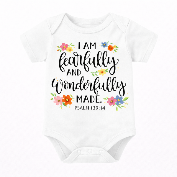 Religious - Fearfully Made Bible Verse Short Sleeve Baby Grow