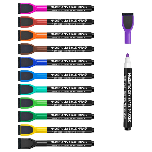 Set of 12 Magnetic Whiteboard Markers, Multicolor, with Eraser
