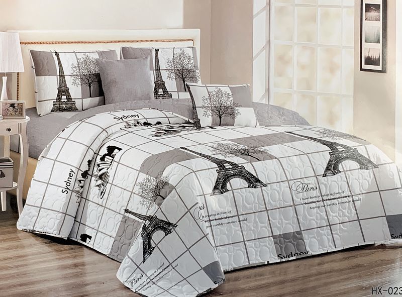 Queen 5 Piece Microfiber Bedspread Set White with Black Tower