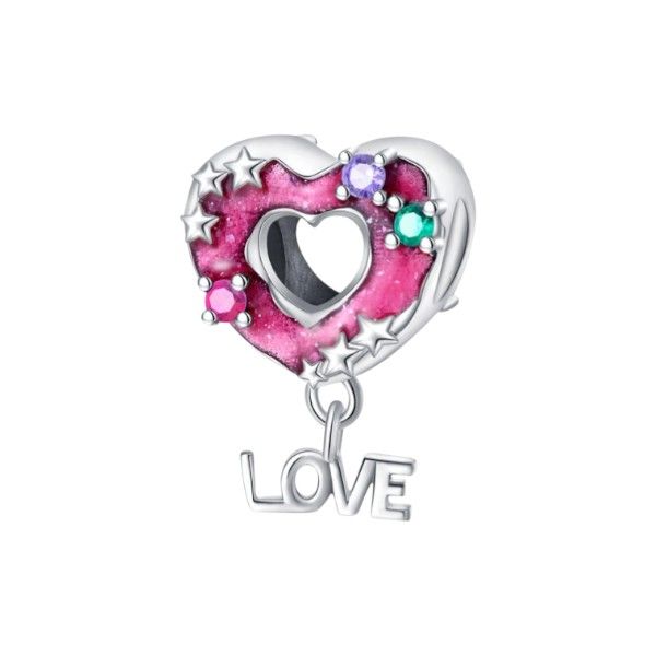 925 Sterling Silver Love Heart Charm with Stars - Multi Colour