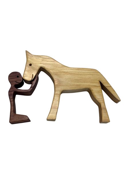 Handcraften Wooden Horse and Rider Sculpture - Two Tone Wood Carving Gift