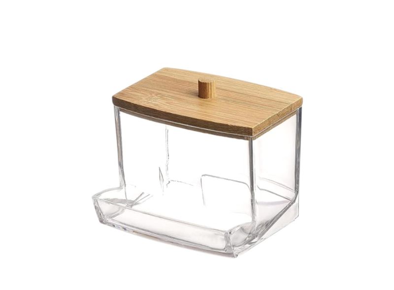 1 Piece - Acrylic Q-Tip Holder With Bamboo Lid - Brown