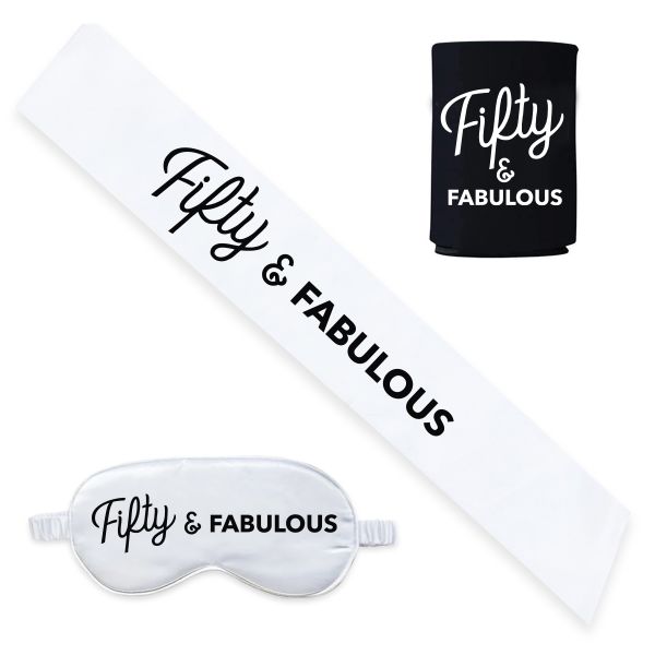 White Fifty and Fabulous 50th Birthday Sash, Bottle Koozie and Satin Eyemask
