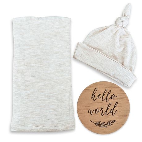 Oatmeal Neutral Baby Soft Stretch Swaddle Knotted Beanie & Hello World Disc Image