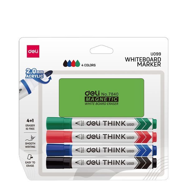 Deli Whiteboard Marker and Eraser Set Bullet Tip:2.0mm 5 pcs