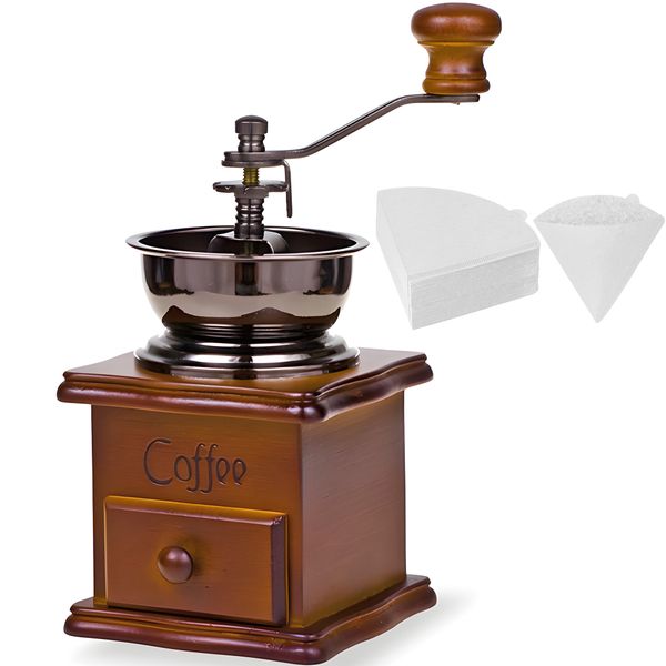 Coffee Mill Grinder with 40 Count Coffee Filters Manual Coffee Bean Grinder