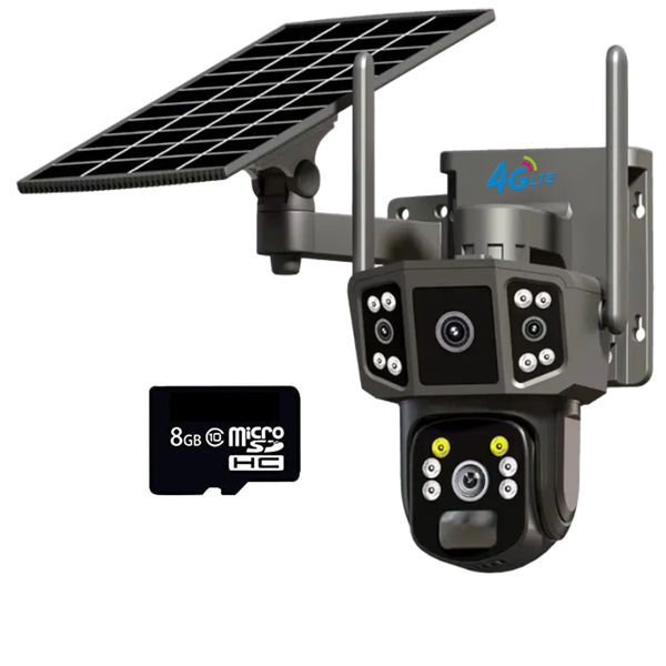 Solar Powered 4MP 4K 3 Angle 4G Sim Operated Security Camera &amp; 8GB Card