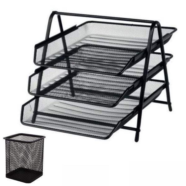 3-Tier Document Organiser Tray &amp; Square Mesh Stationary Cup