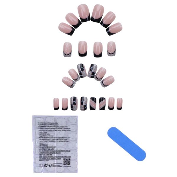 24Pcs Medium Square Press-On Nails With Glitter And Heart Detail - Black