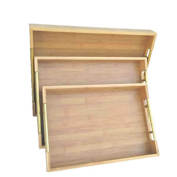 Bamboo Serving Tray with Gold Handle 3 Pieces