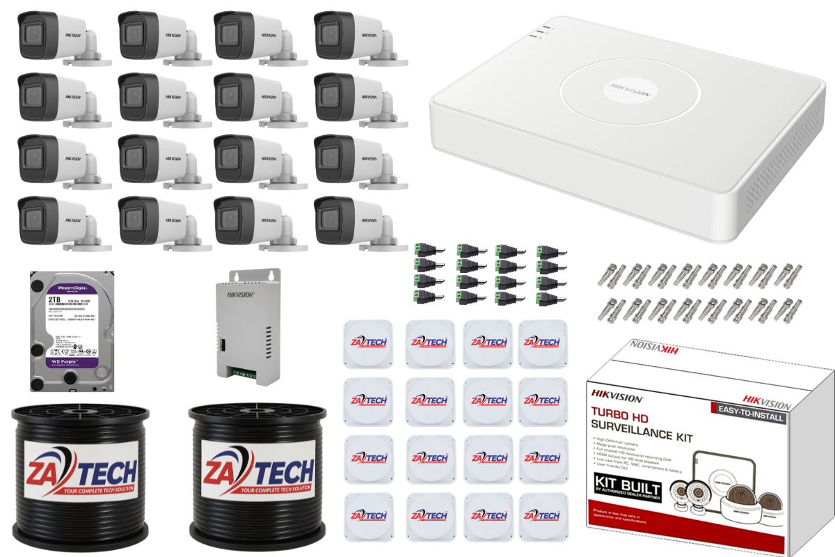 Hikvision 16CH CCTV Kit with 2TB HDD, ZATECH Cables and Junction Boxes