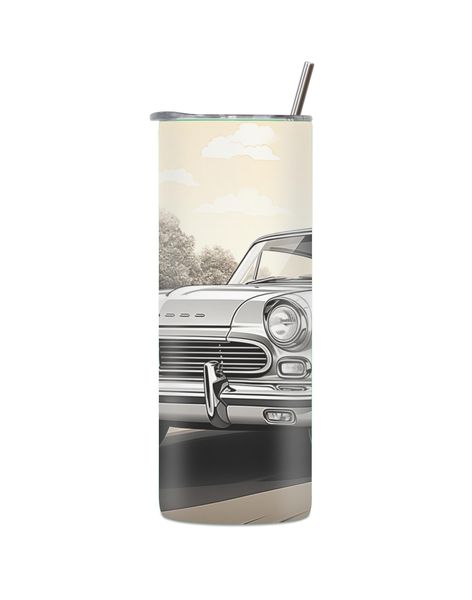 White 20 Oz Straight Skinny Tumbler Vintage Car Lovers Graphic Present 047