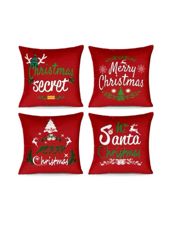 4pcs Christmas Tree Slogan Print Cushion Covers - Red