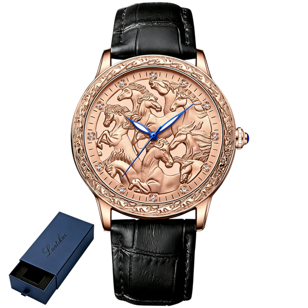 LAATIKEight Horses Design Men's Quartz Wristwatch Carved Dial Leather Strap