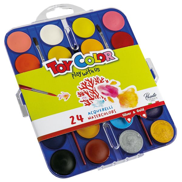 Toy Color - Watercolour Pallet &amp; 2 Paint Brushes - 2 Metallic + 22 Colours