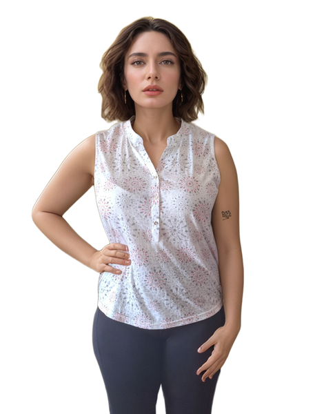 White &amp; Pink Studded Sleeveless Top