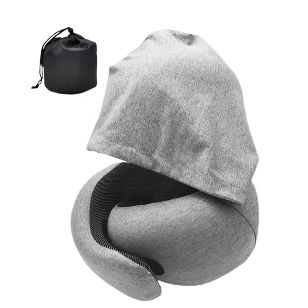 Snail Travel Neck Pillow with Attached Hoodie Cap - Grey
