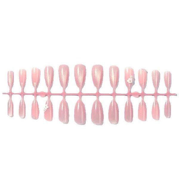 Almond Press-On Nails - Pink Cat Eye &amp; Floral Design, 24 Pcs Set
