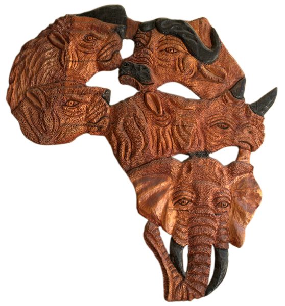 African Big Five Iron Wood Hand Carved Wall Mounted Curio
