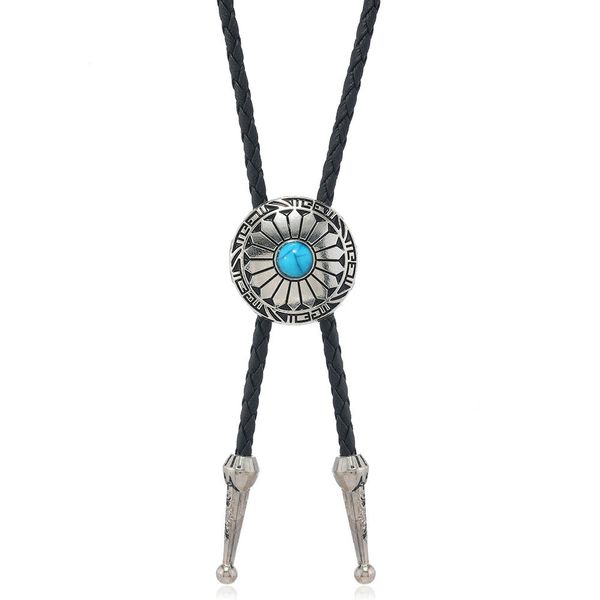 Vintage American Western Cowboy Indian Art Stone Genunie Leather Bolo Tie