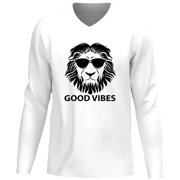 White Long Sleeve T-Shirt Printed- Cool Lion - Good Vibes