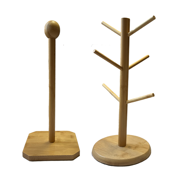 Bamboo Mug Holder and Tissue Roll Holder Set