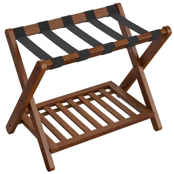 Foldable Wooden Luggage Rack with Storage Shelf Guest Room Suitcase Stand