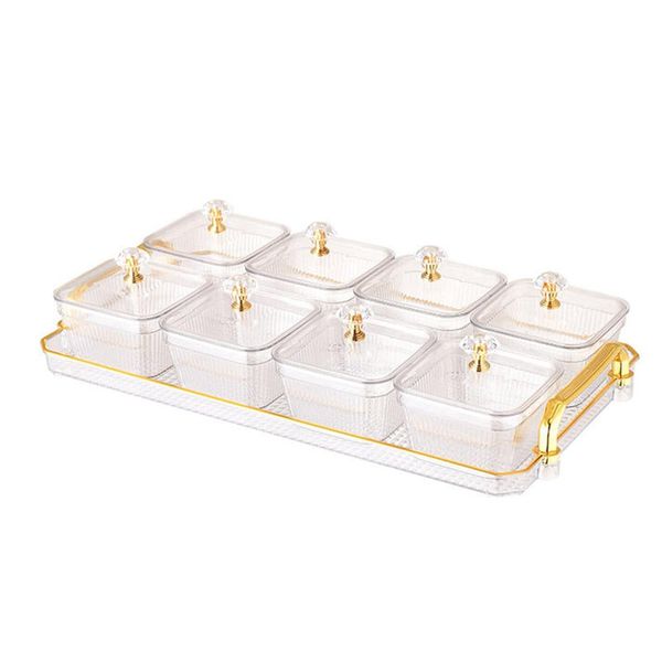 Exquisite 8 Grid Clear Snack Plastic Serving Platter with Gold Rim &amp; Lid